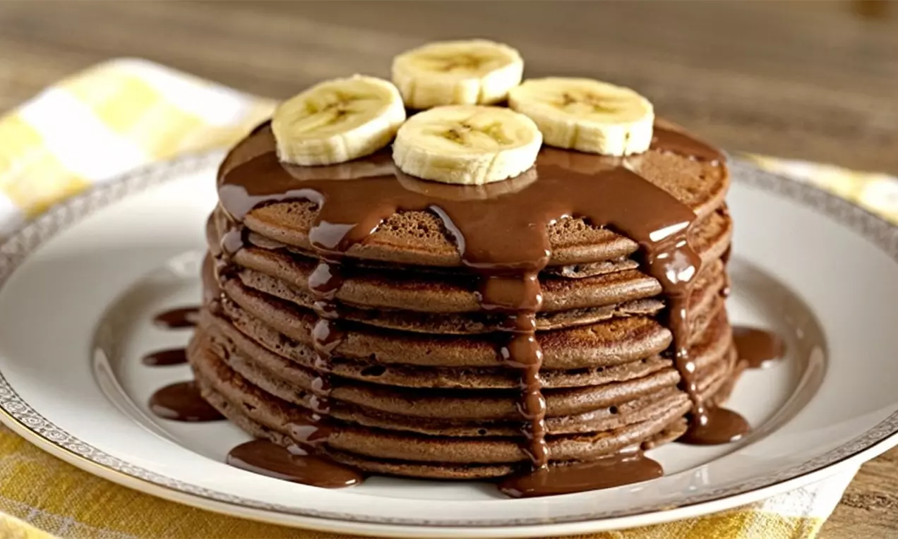 Pila di soffici pancake al cacao coperti da crema al cioccolato morbida e fette di banana dorata su un elegante piatto bianco ornato.